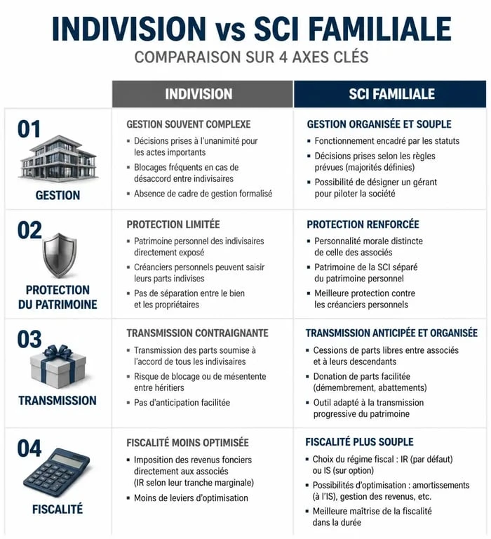 Comparatif entre l'indivision et la SCI familiale pour la gestion de patrimoine immobilier