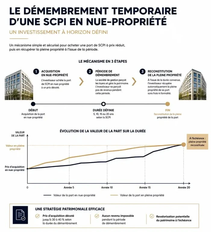 Schéma explicatif du fonctionnement de la SCPI en nue-propriété et de l'évolution de la décote