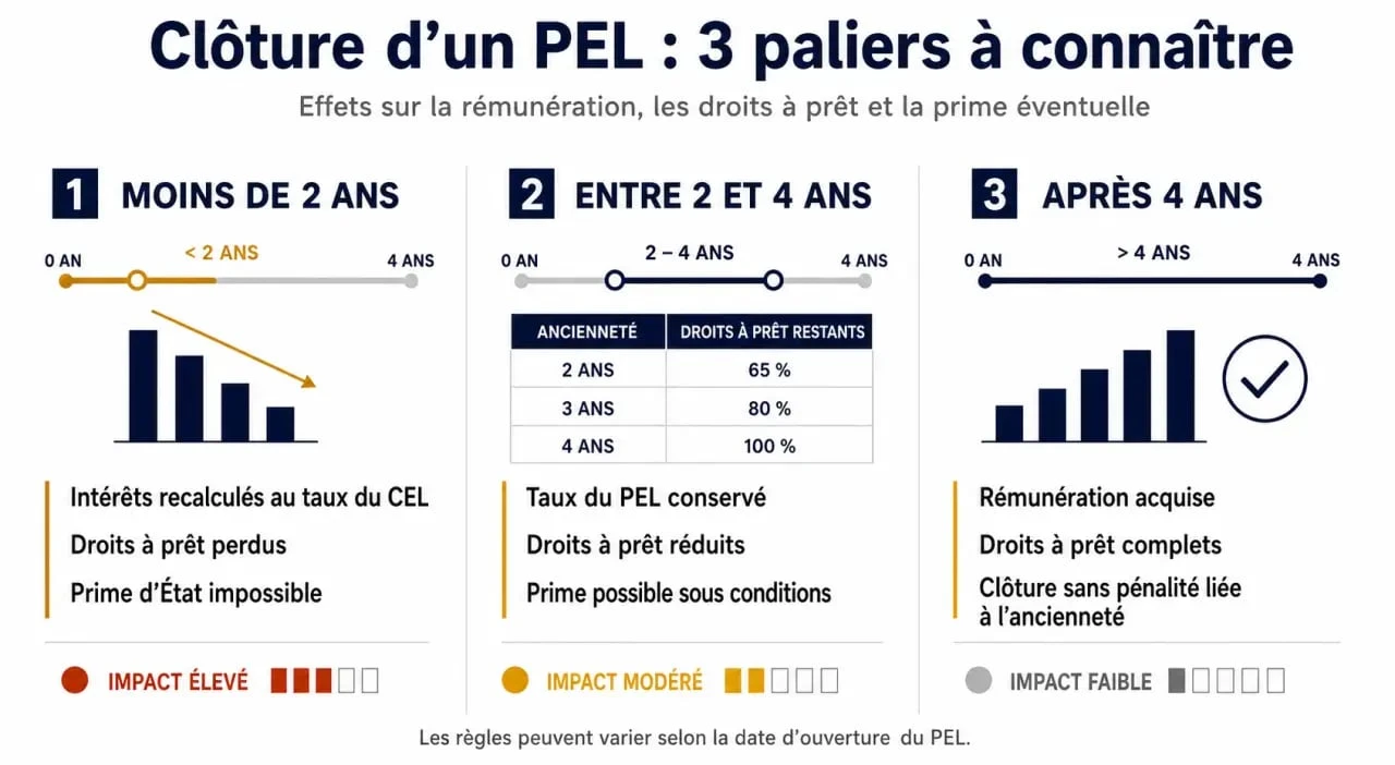 Infographie des conséquences de la clôture d'un PEL sans projet immobilier selon l'ancienneté