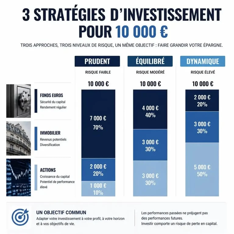 Infographie de répartition d'investissement de 10 000 euros selon le profil de risque