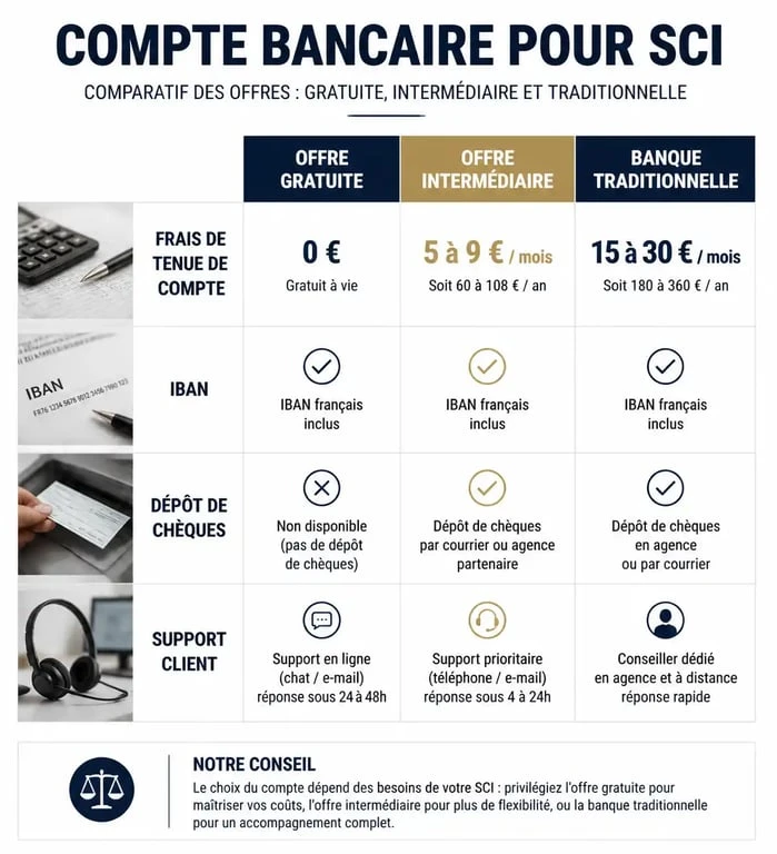 Comparatif des offres de compte bancaire pour SCI : gratuit, intermédiaire et banque traditionnelle