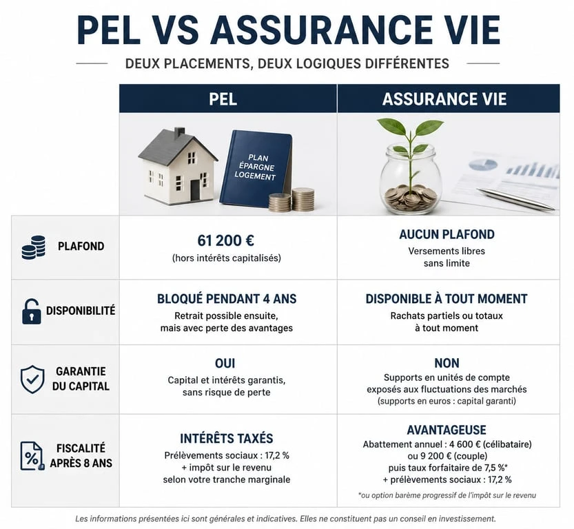 Infographie comparative PEL et assurance vie : différences de fiscalité et de rendement