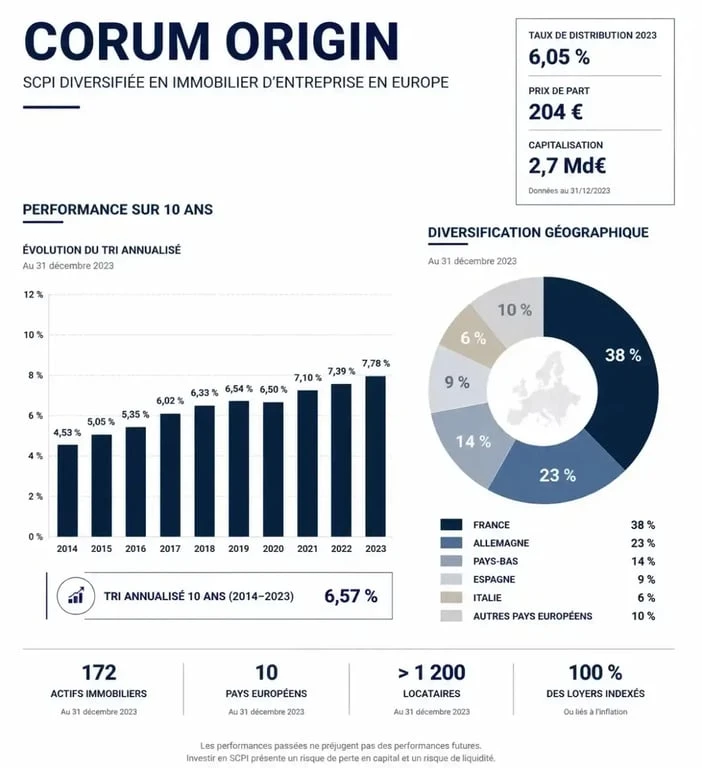 Infographie des performances et de la stratégie de la SCPI Corum Origin