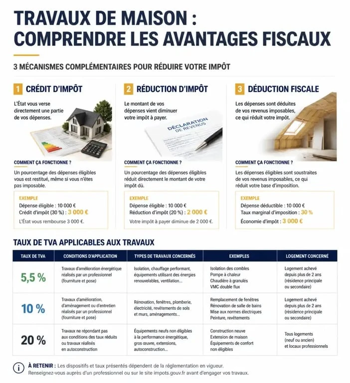 Infographie des dispositifs fiscaux et taux de TVA pour les travaux maison impots
