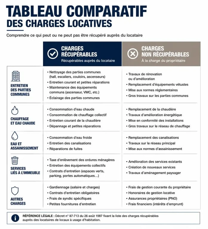 Tableau comparatif des charges récupérables et non récupérables pour un locataire