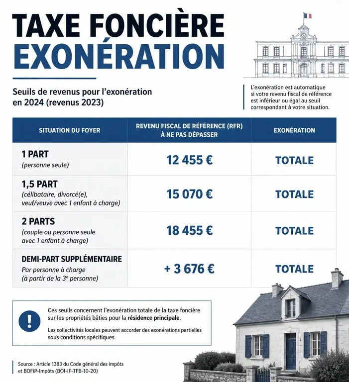 Infographie des plafonds de revenus pour l'exonération de la taxe foncière selon le nombre de parts fiscales