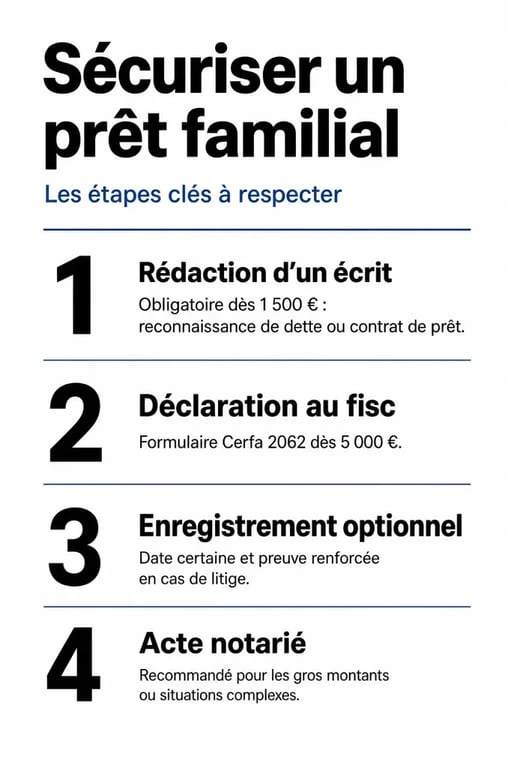 Infographie des formalités obligatoires pour un prêt familial et succession