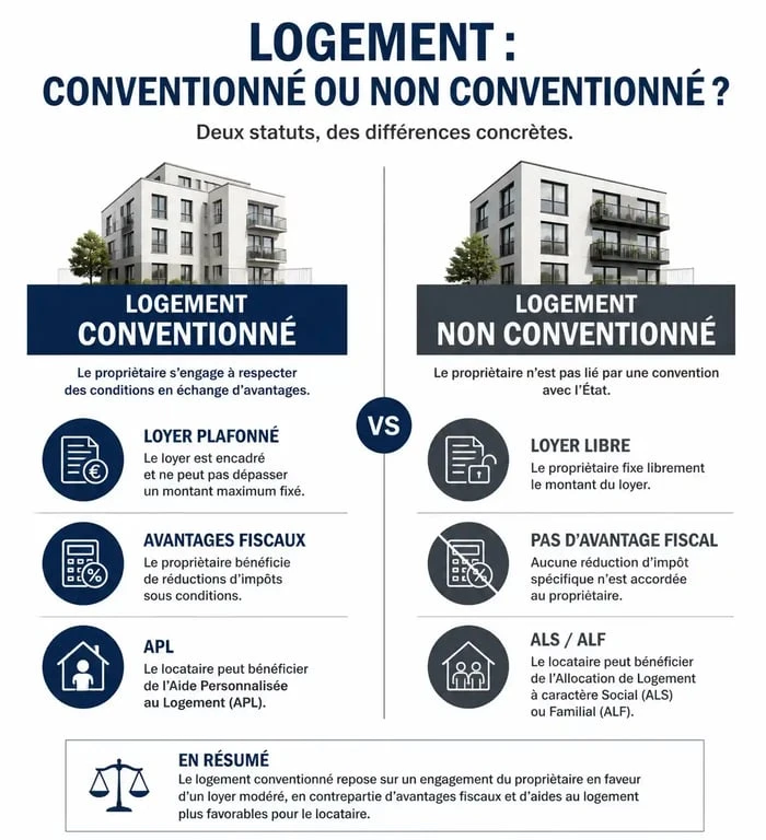 Tableau comparatif des différences entre un logement conventionné et un logement non conventionné pour les propriétaires et locataires