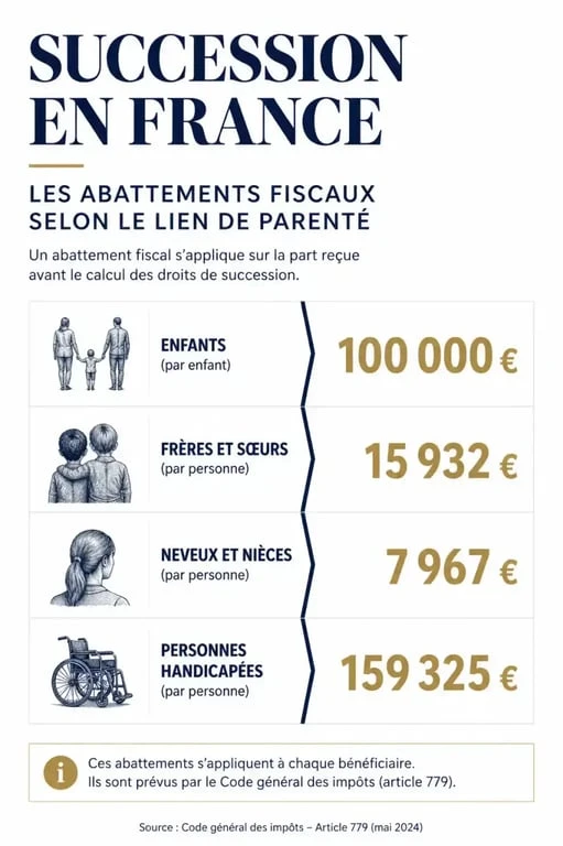 Infographie des montants d'abattement pour la succession et les droits de succession en France