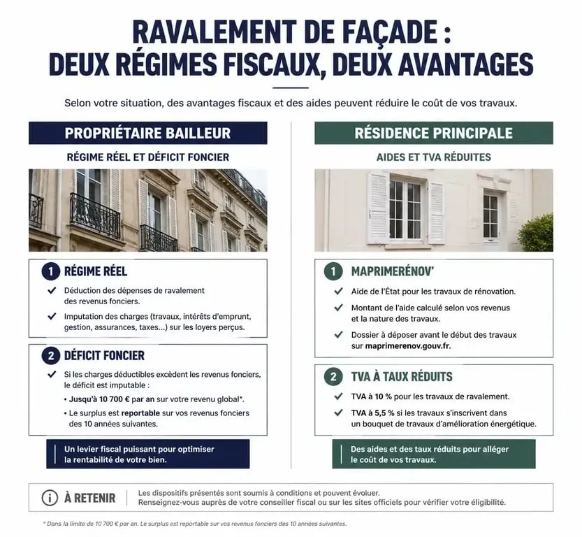 Infographie récapitulative sur comment déclarer un ravalement de façade aux impôts selon le type de bien