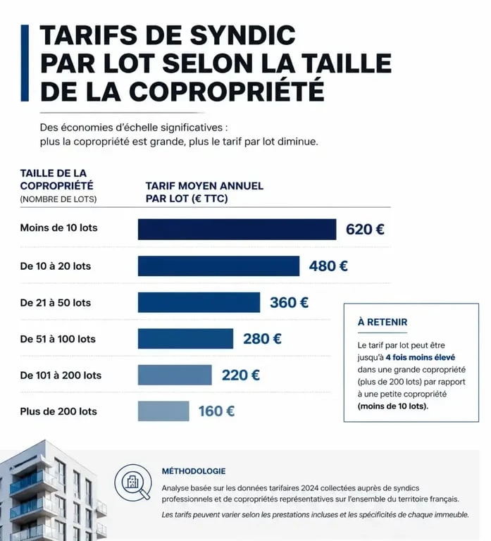 Infographie comparative des tarifs de syndic pour petite copropriété par lot et par an