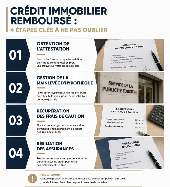 Étapes à suivre après avoir fini de payer son crédit immobilier : attestation, mainlevée et assurances.