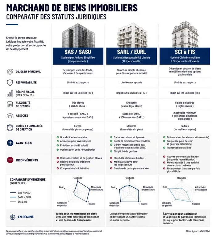 Comparatif des statuts juridiques pour devenir marchand de biens