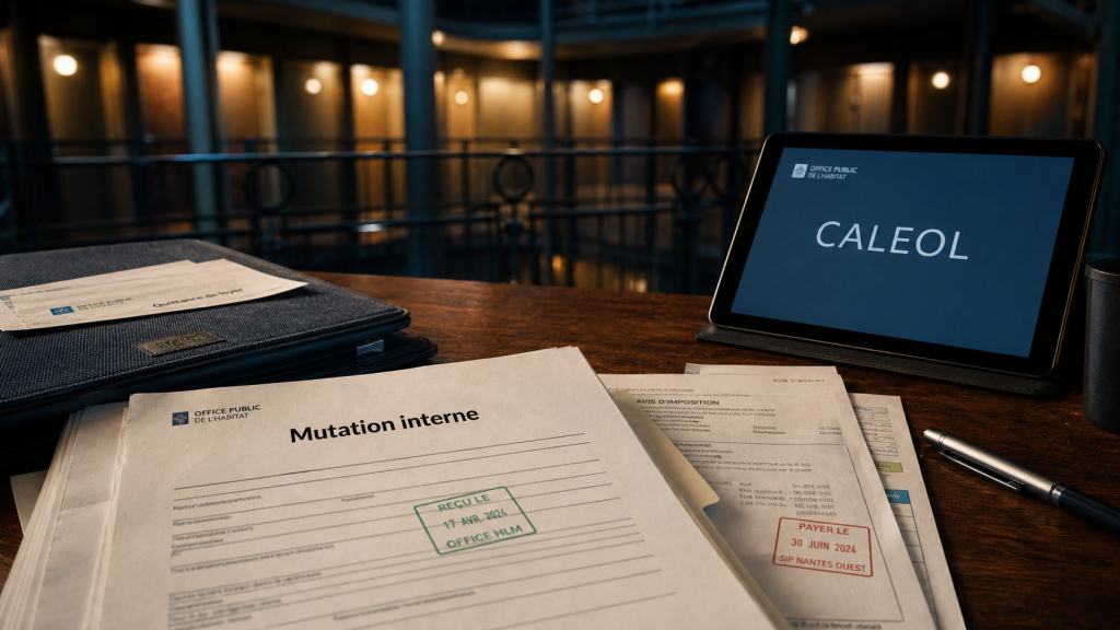 Mutation logement même bailleur : dossier interne HLM dans un hall