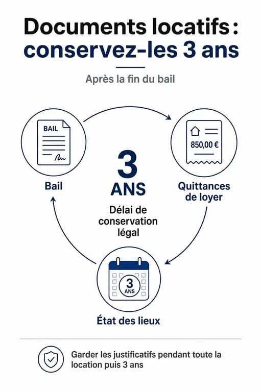 Infographie sur la durée de conservation des quittances de loyer HLM : 3 ans pour se protéger légalement