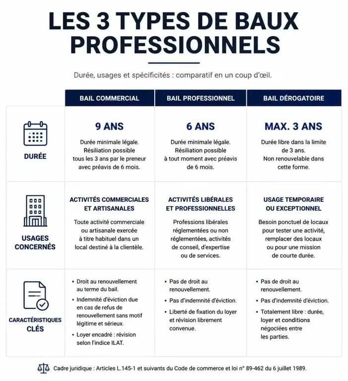 Infographie comparative des baux professionnels pour local pour entreprise