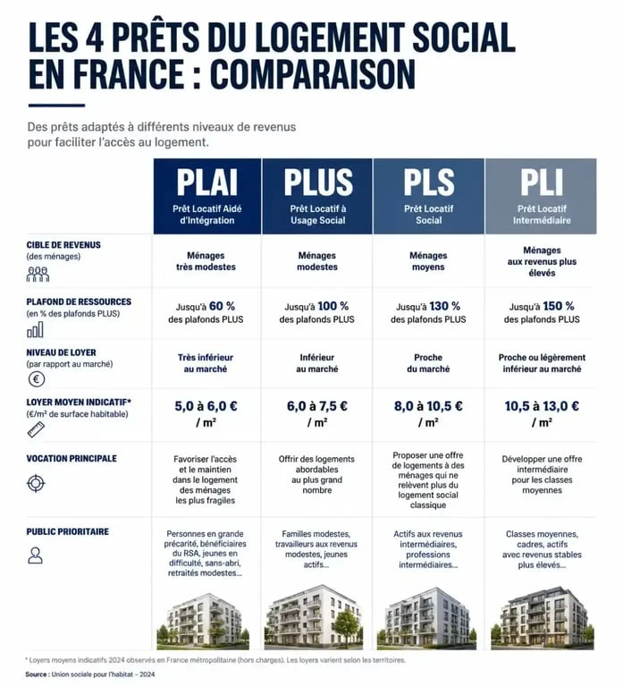 Infographie comparative des dispositifs de financement des logements sociaux en France : PLAI, PLUS, PLS, PLI