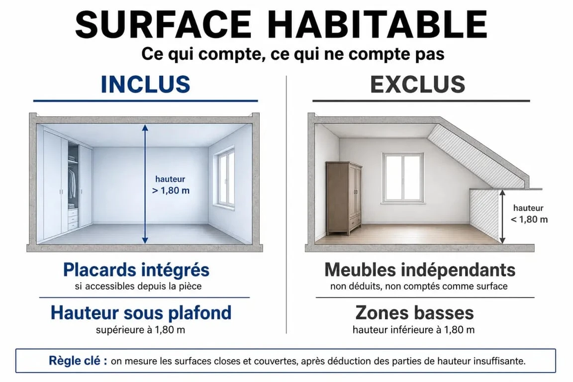 Schéma illustrant le calcul de la surface habitable et l'inclusion des placards