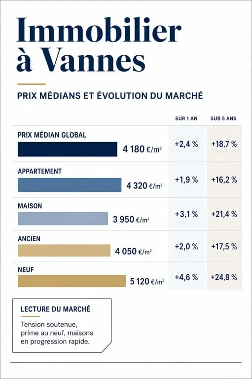 Prix immobilier Vannes : infographie des prix au mètre carré, appartements, maisons, neuf et ancien