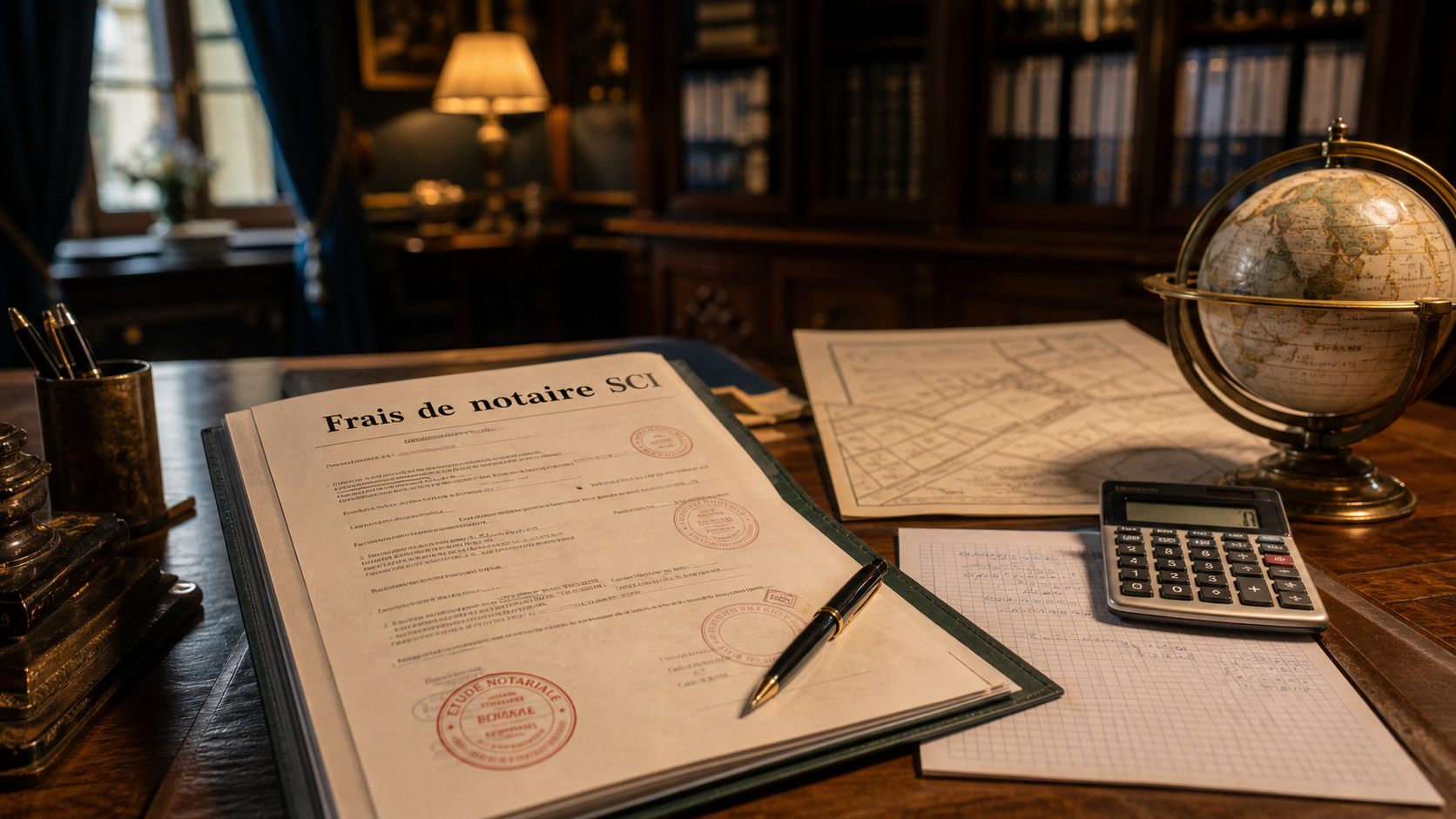 Frais de notaire pour une SCI : barèmes et calcul, dossier notarial sur bureau
