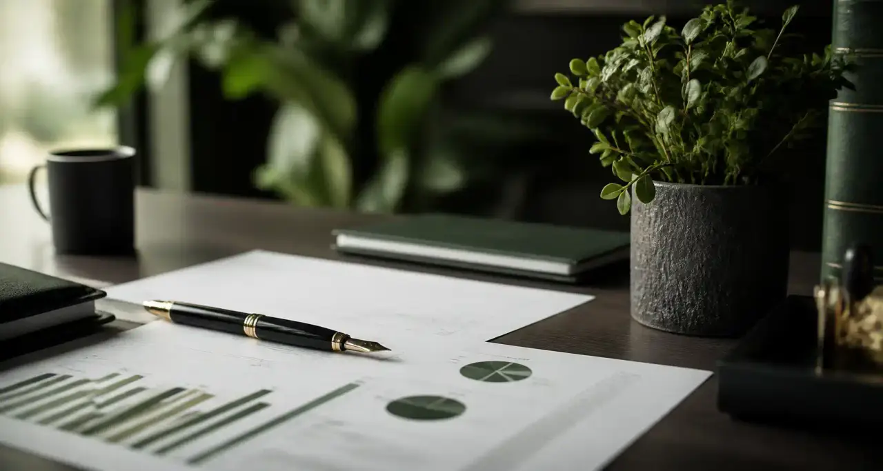 Bureau de conseil en patrimoine avec documents et stylo plume, tons vert forêt