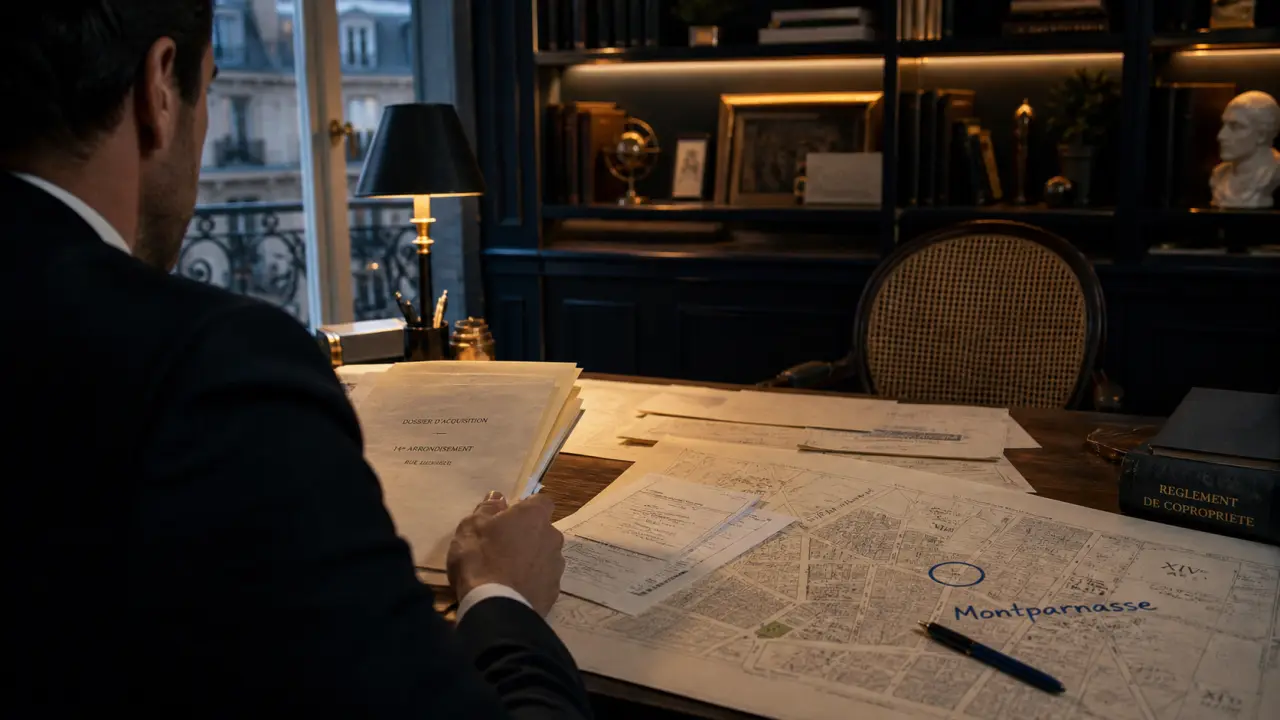 Chasseur immobilier paris 14 dans un cabinet, plans et carte du quartier
