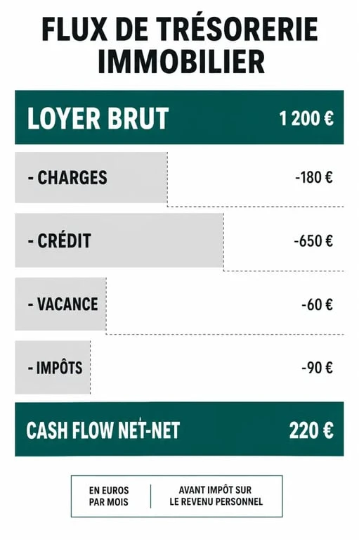 Schéma explicatif du calcul du cash flow immobilier net-net pour un investissement locatif