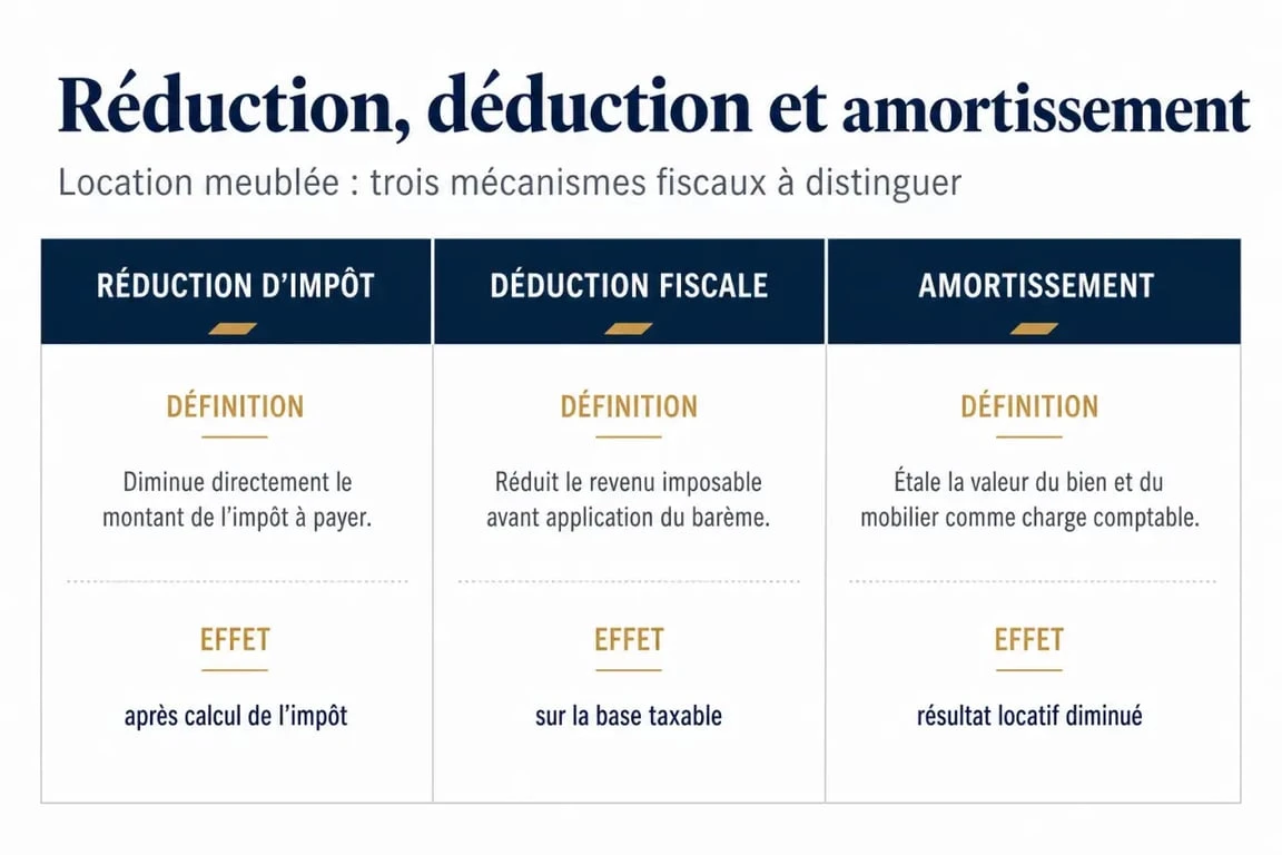 Schéma comparatif de la défiscalisation immobilier locatif avec réduction d'impôt, déduction et amortissement