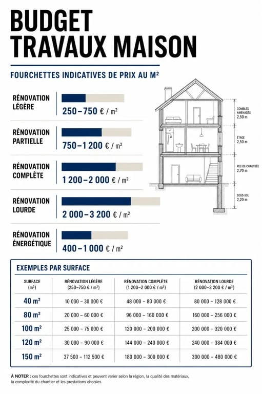 Infographie budget travaux maison : fourchettes de prix au m² selon le niveau de rénovation et exemples par surface