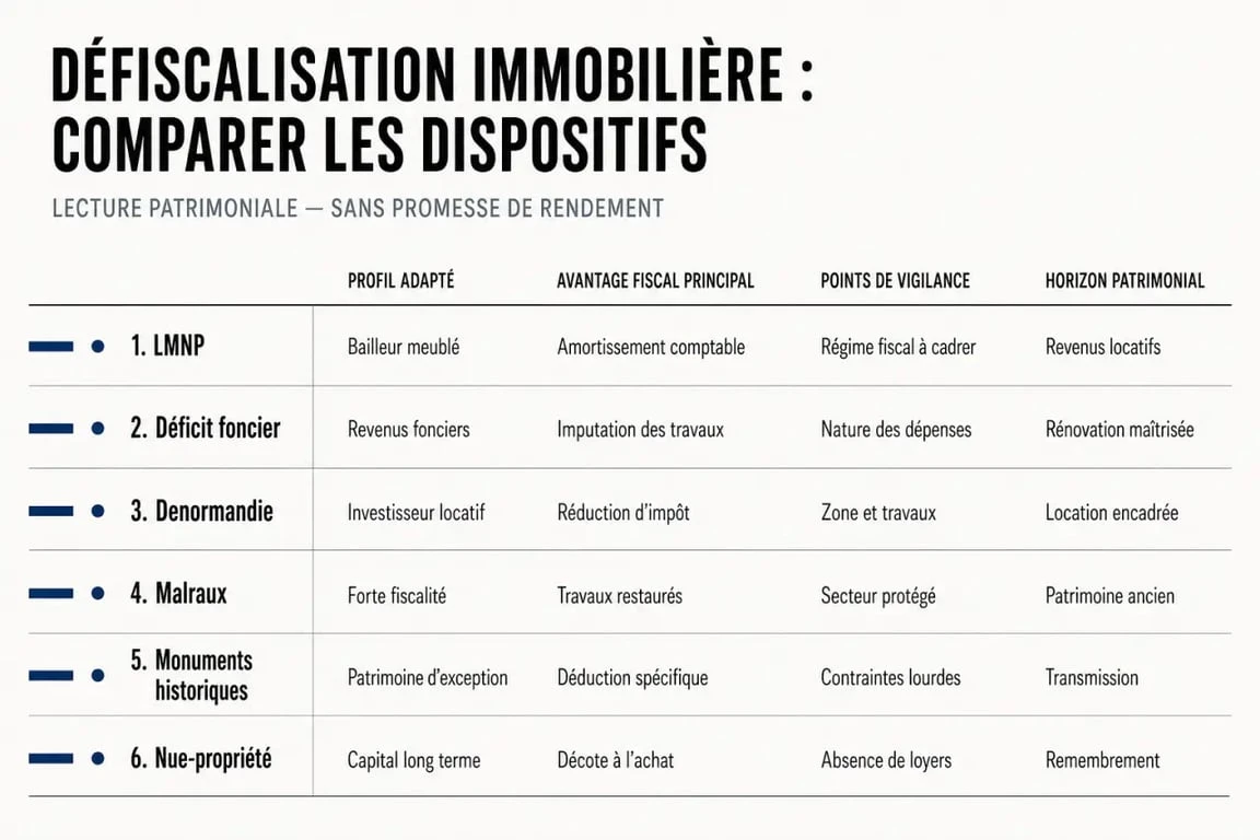 Tableau comparatif défiscalisation immobilière des principaux dispositifs fiscaux en France