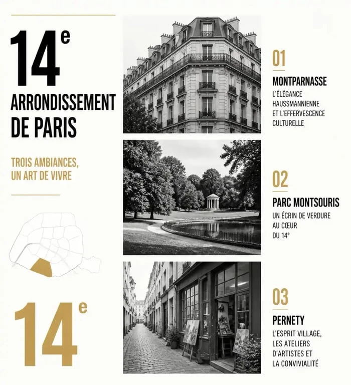 Quartiers du 14e arrondissement de Paris : Montparnasse, Parc Montsouris et Pernety, illustrés pour un chasseur immobilier paris 14
