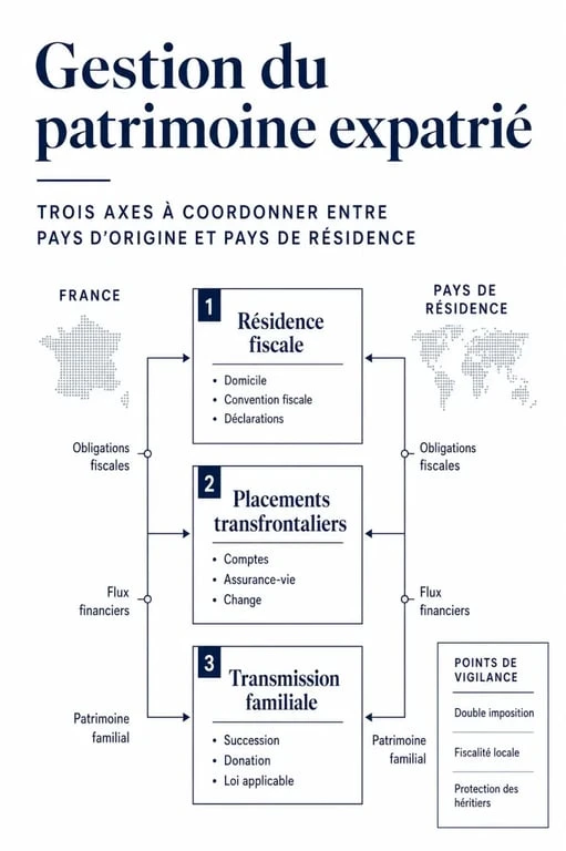 Gestion patrimoine expatrié : schéma éditorial des choix fiscaux, placements et transmission pour un résident à l’étranger