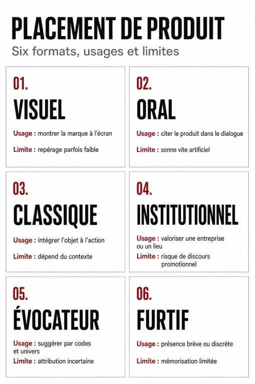 Placement de produit : infographie des formats visuel, oral, classique, institutionnel, évocateur et furtif