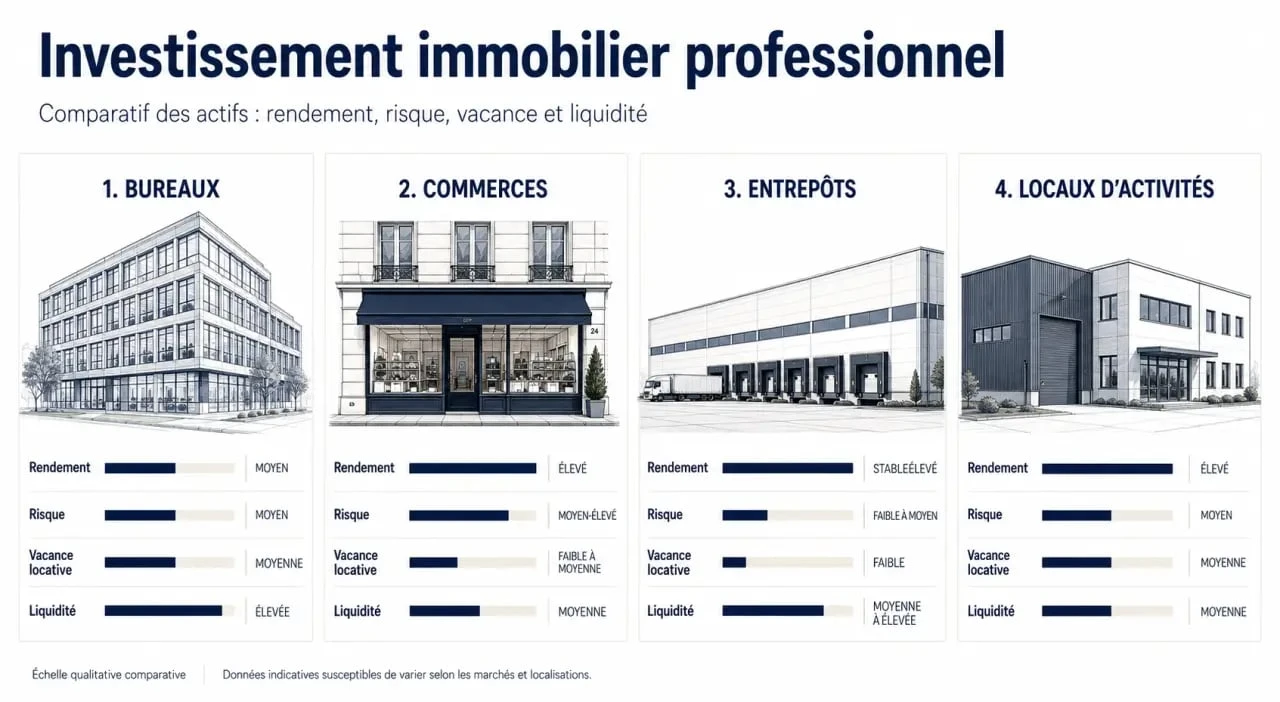 Investissement immobilier professionnel : comparaison visuelle des bureaux, commerces, entrepôts et locaux d’activités