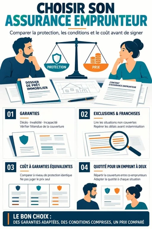 Infographie pour savoir quelle assurance emprunteur choisir selon les garanties, le coût et la quotité