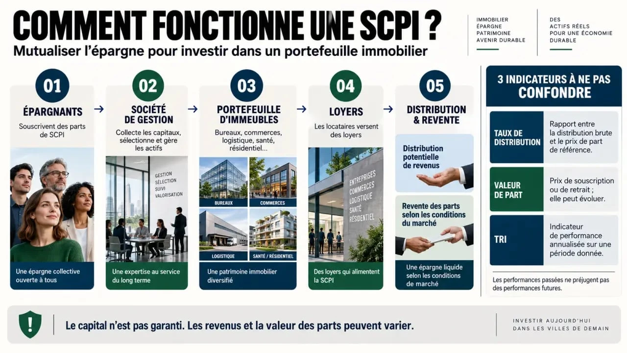 Infographie pour comprendre un avis SCPI et le fonctionnement des parts, loyers et revenus