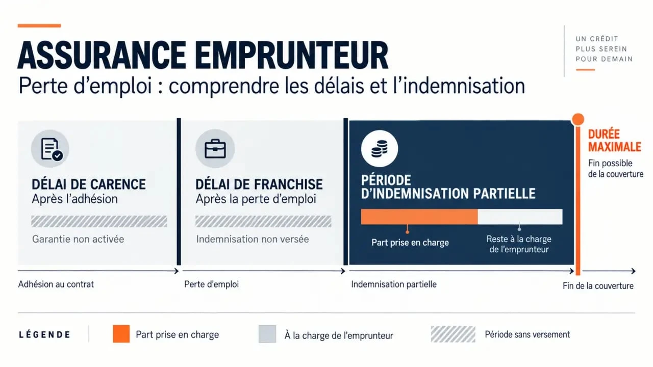 Assurance emprunteur perte d'emploi : schéma des délais de carence, de franchise et de prise en charge