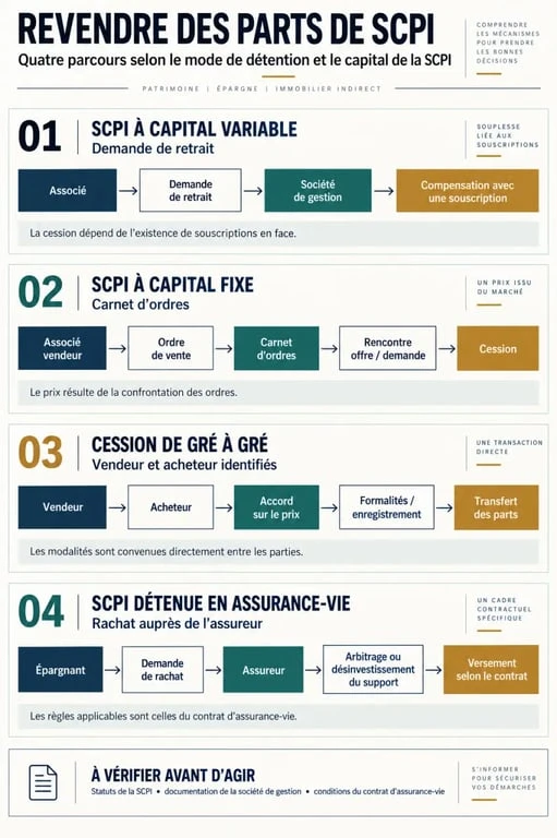 Revente SCPI : parcours selon le type de capital et le mode de détention