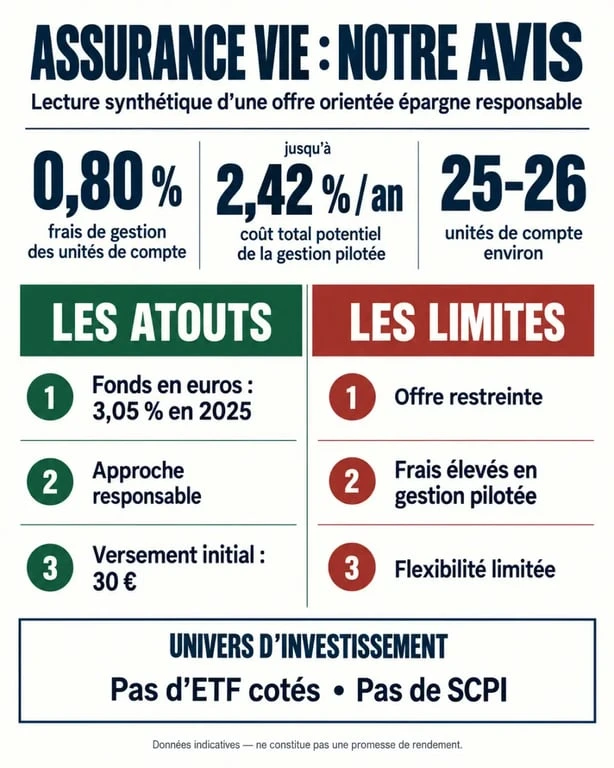 Infographie sur l'assurance vie MAIF avis : rendement, frais et diversité des supports