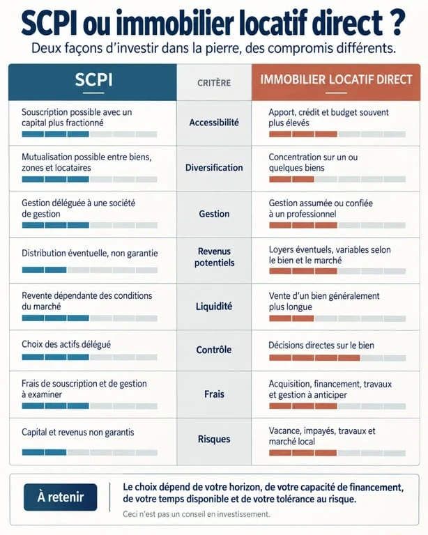 Infographie sur les avantages d’une SCPI face à l’immobilier locatif direct