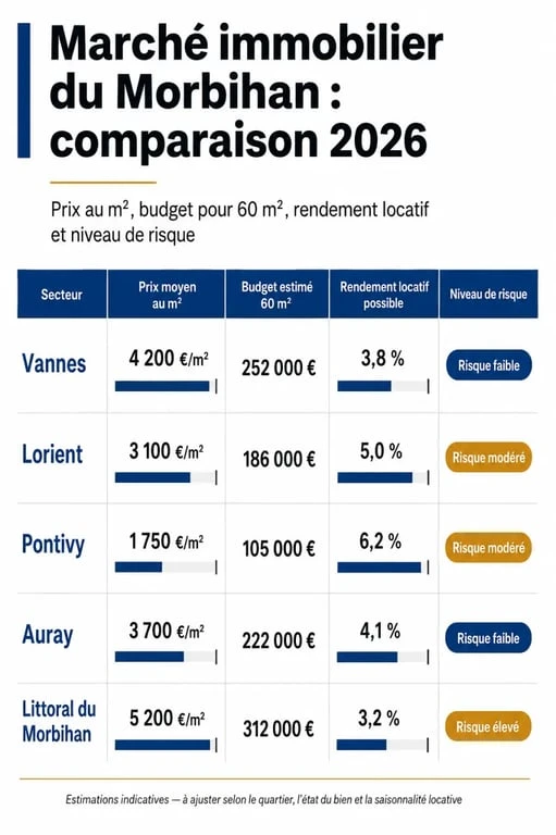 Investissement immobilier morbihan : comparaison visuelle des villes Vannes, Lorient, Pontivy et Auray avec prix, budget et rendement