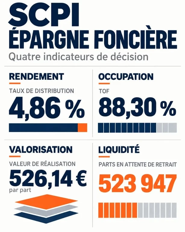 SCPI Épargne Foncière : infographie sur le rendement, l’occupation, la valorisation et la liquidité
