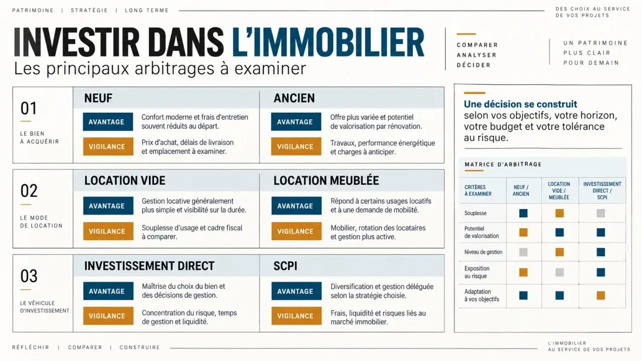 Conseil en investissement immobilier : arbitrages entre neuf et ancien, location vide et meublée, investissement direct et SCPI