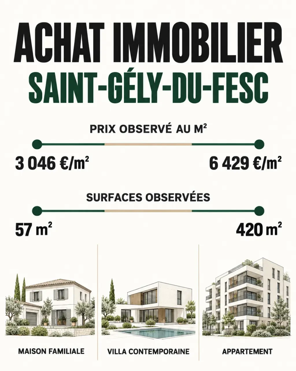 Infographie sur l’achat immobilier saint saint gely du fesc avec prix au m² et profils de biens