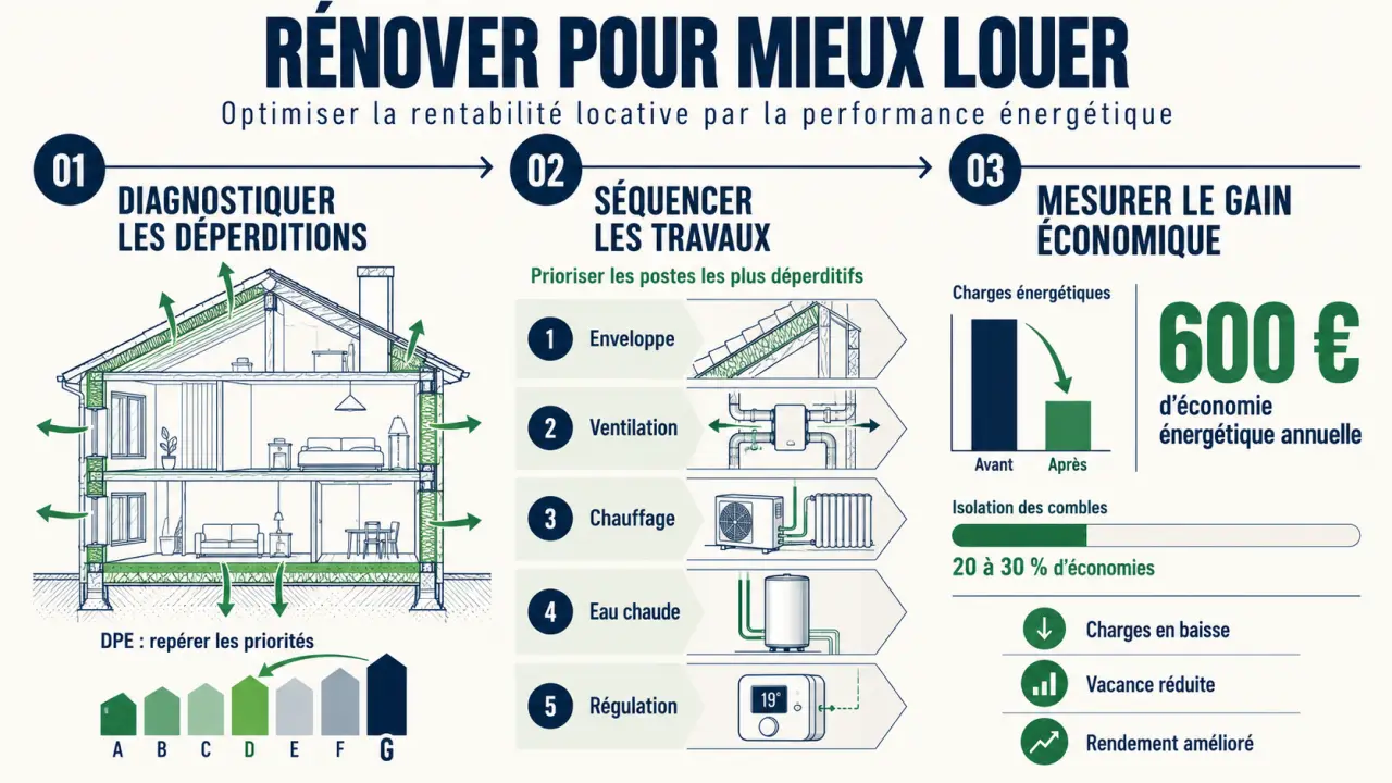 Infographie sur l'optimisation de la rentabilité locative par des travaux de rénovation énergétique