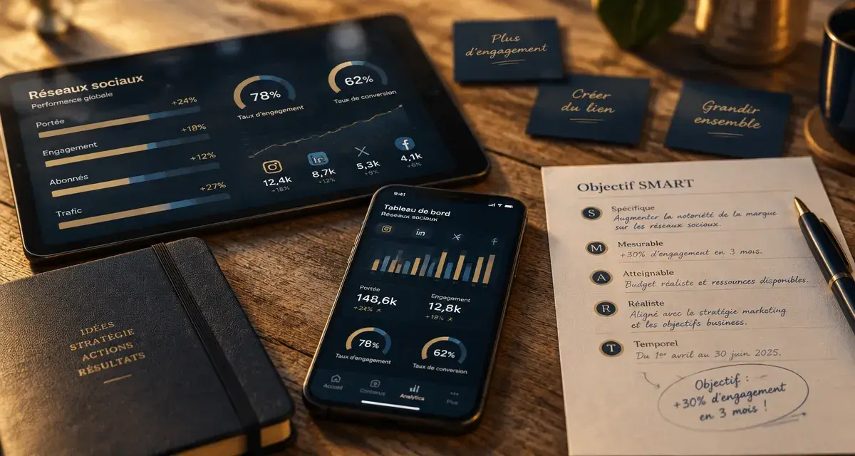 Réseaux sociaux stratégie de lancement : Objectif SMART et KPI sur tableau social
